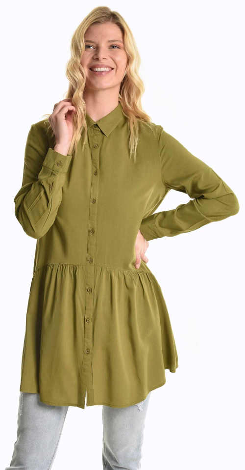 Prodloužená peplum tunika khaki barvy