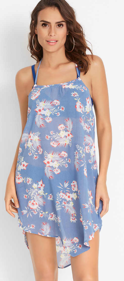 Modré květinové letní šaty s ramínky za krk